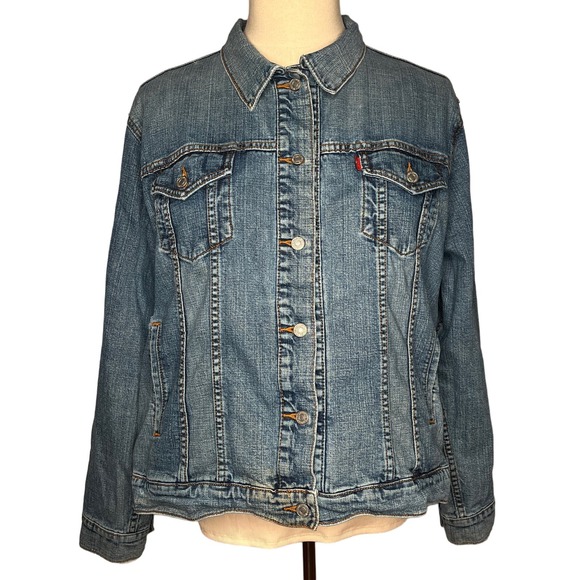 Levi's denim Trucker jacket medium wash button up red tag women's pockets 3X - Picture 1 of 14